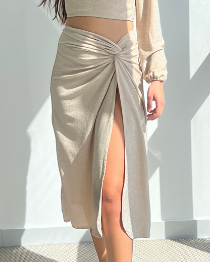 Gloria - Nude shimmer knot side pareo skirt